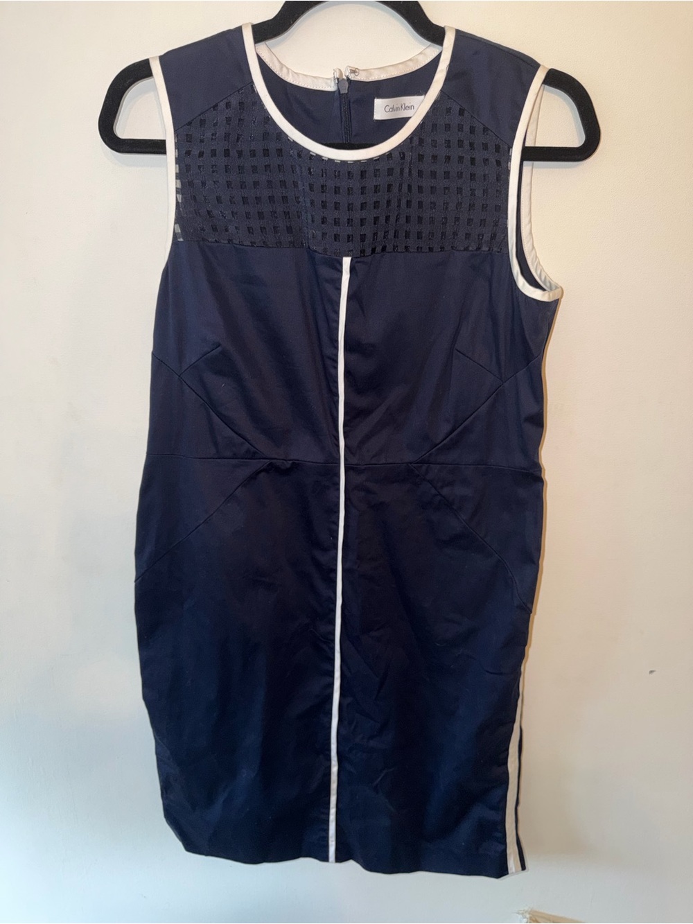 Calvin Klein Navy Stretch Tailored Sheath Dress with White Trim size 12
